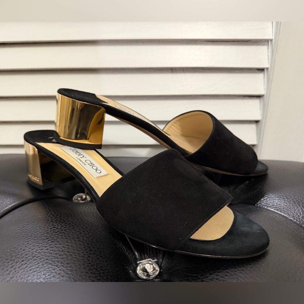 Jimmy Choo Black Suede Gold Block Heel Mules | Size EU 40 / US 9 - Picture 2 of 7